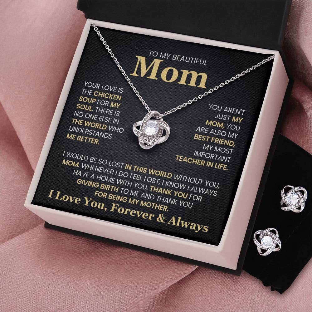 Love Knot Earrings & Necklace Set To My Beautiful Mom