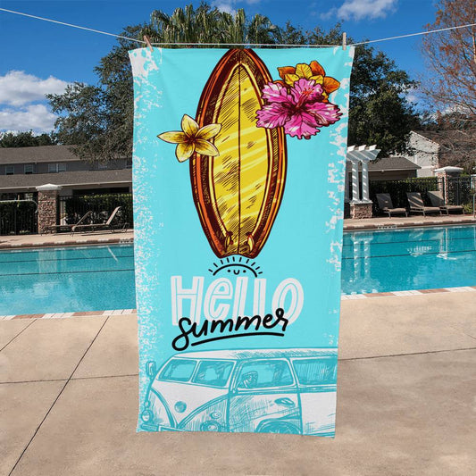 Beach Towel-Hello Summer WV Van and Surfboard - YERTIZZ.COM