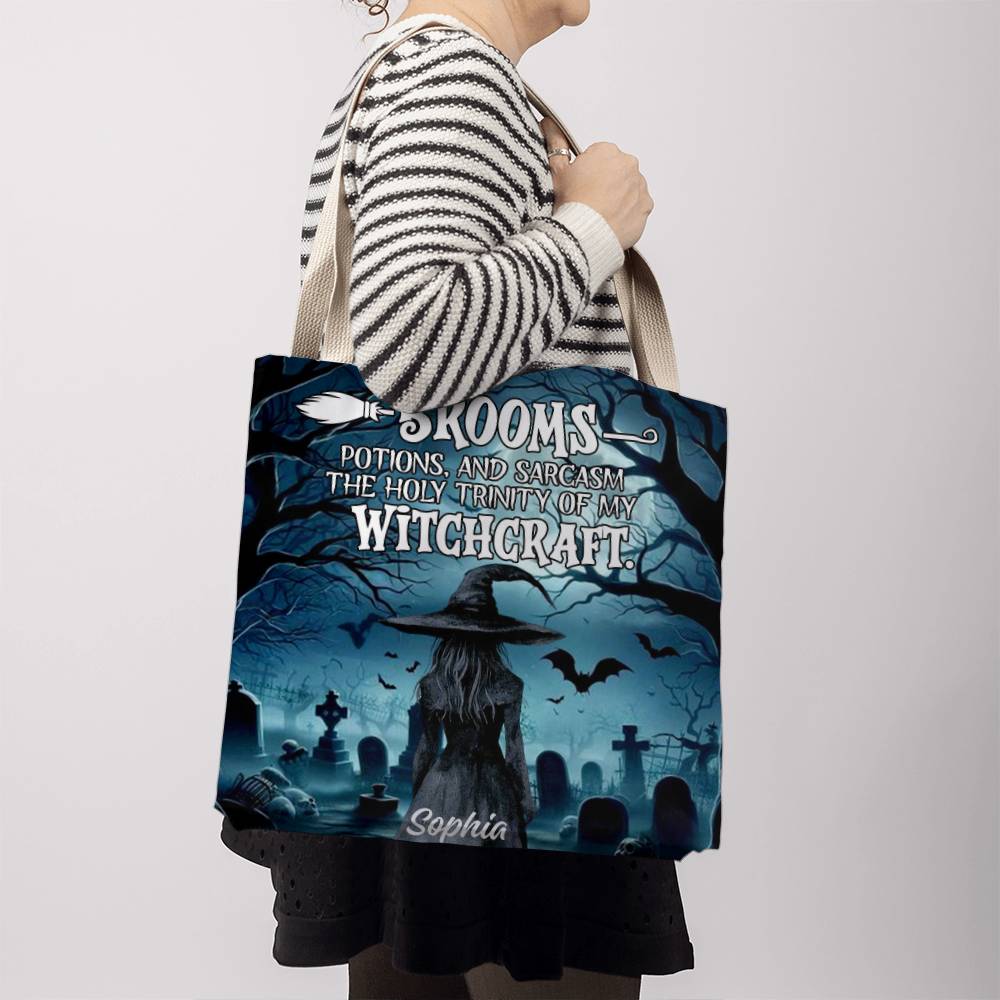 Brooms, Potions & Sarcasm: The Holy Trinity of My Witchcraft” Gothic Halloween Tote Bag !