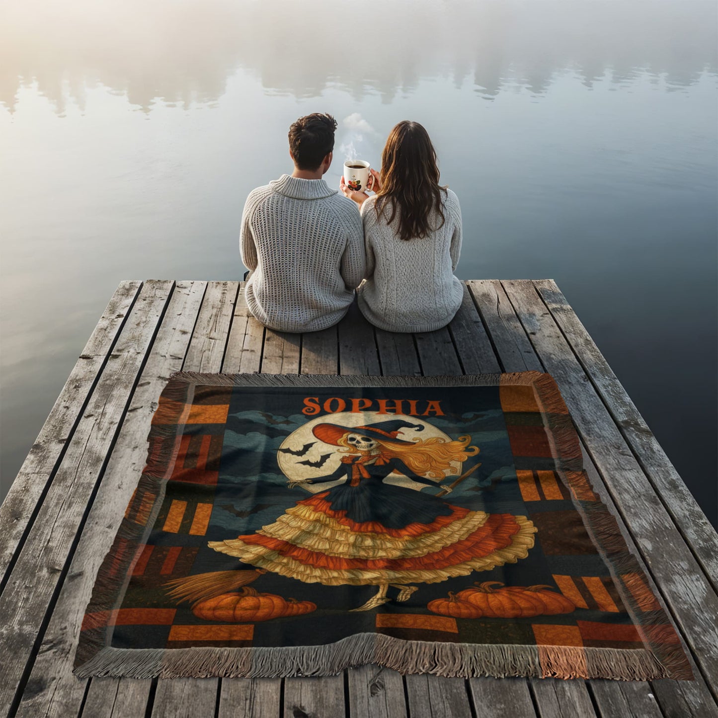 Custom Witch Silhouette Blanket – Personalized Halloween Throw with Name & Moon !