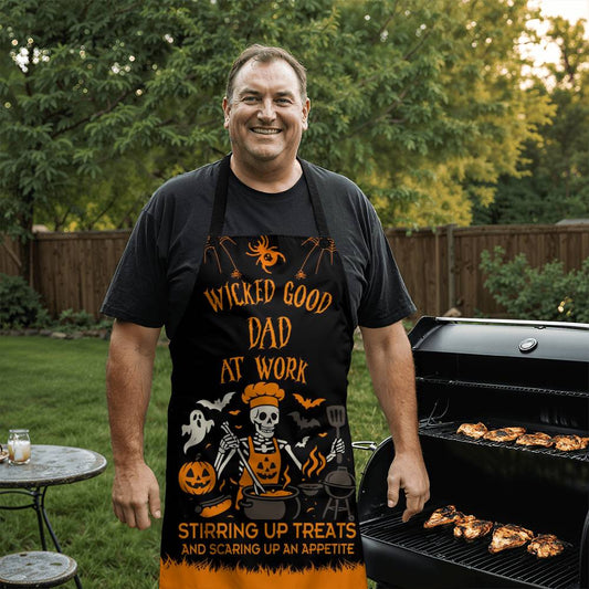 Personalized Halloween Apron, Custom Skeleton Kitchen Apron, Wicked Good Dad at Work Cooking Apron, Funny Halloween Apron for Men Dad