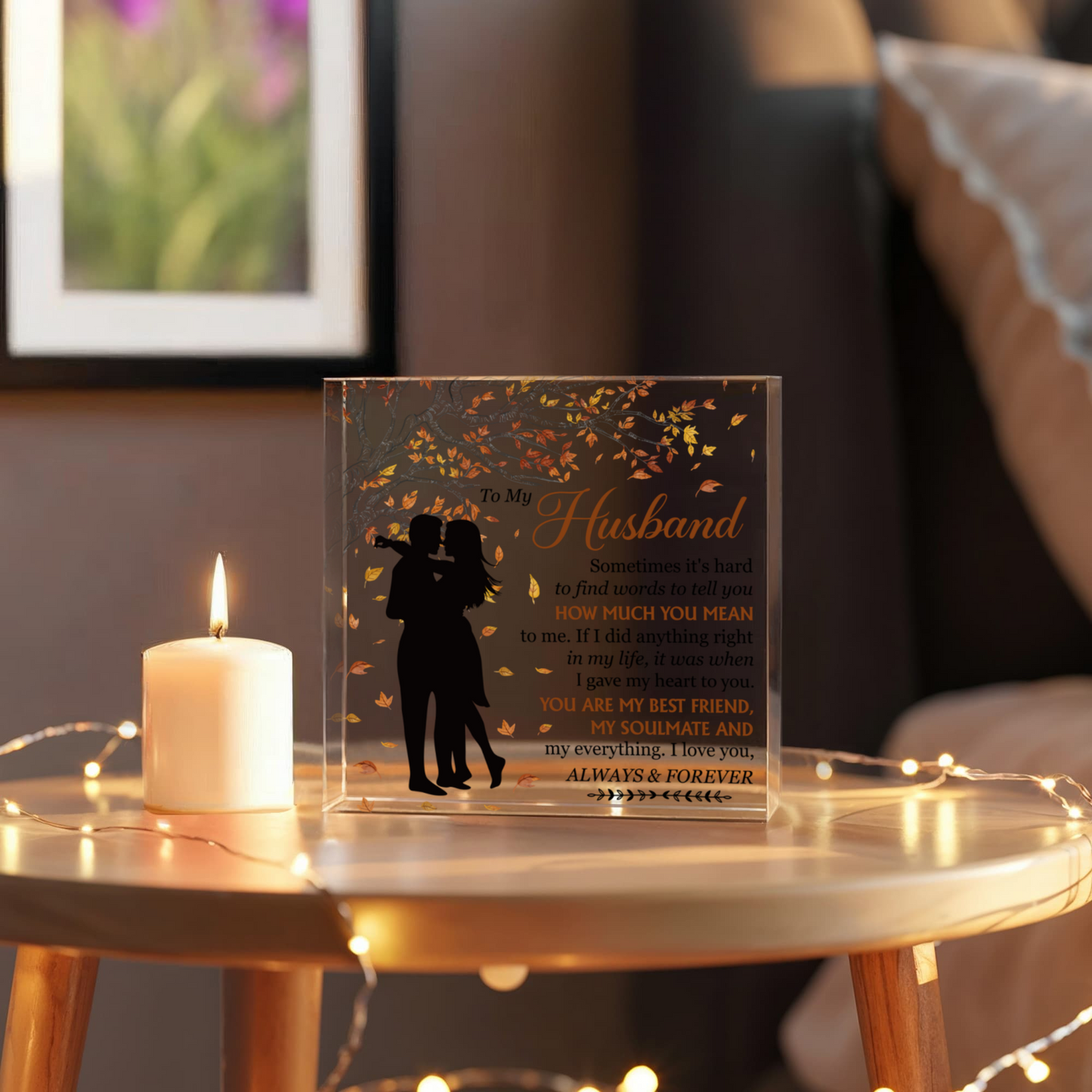 Personalized "To My Husband" Acrylic Block – Custom Romantic Gift with Autumn Leaves, Best Friend & Soulmate Message