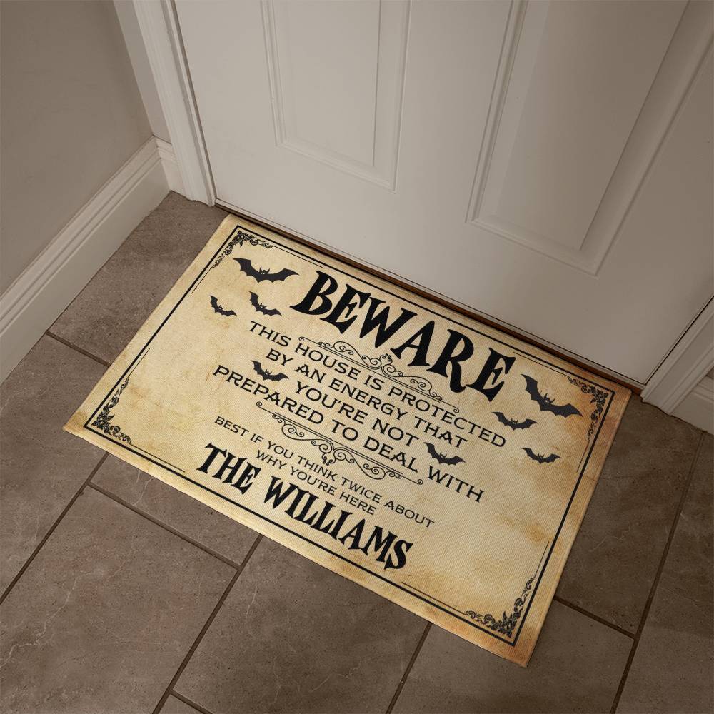 Personalized Beware Halloween Welcome Mat – Spooky Bat Design