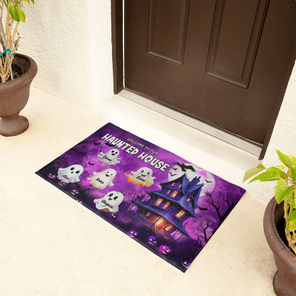 Personalized Halloween Doormat, Custom Haunted House Welcome Mat with Family Names, Ghost Design Front Porch Decor for Families