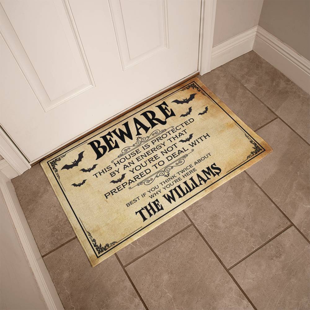 Personalized Halloween Doormat, Custom Beware Welcome Mat with Family Name, Spooky Front Porch Decor, Haunted House Entryway Mat