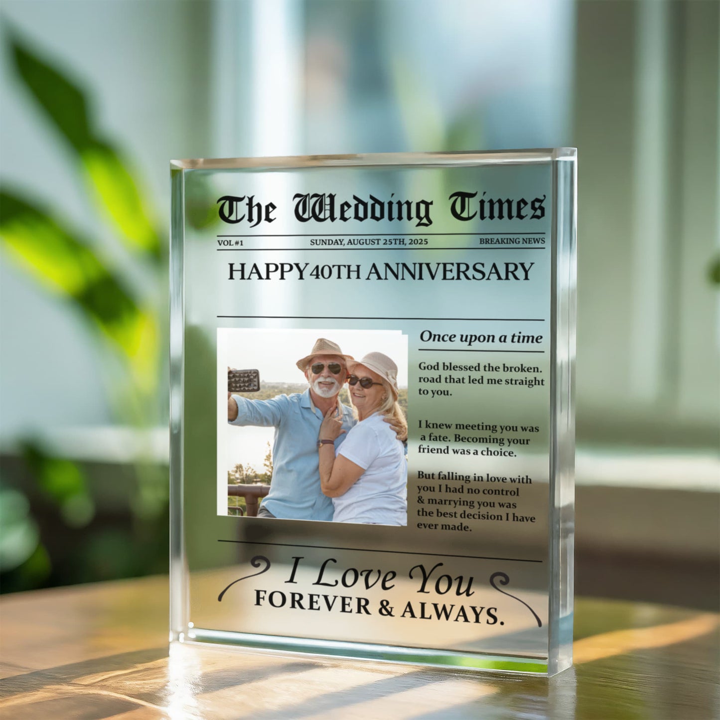 Personalized "The Wedding Times" Acrylic Block – Custom 40th Anniversary Gift, Romantic Keepsake for Couples with Custom Photo