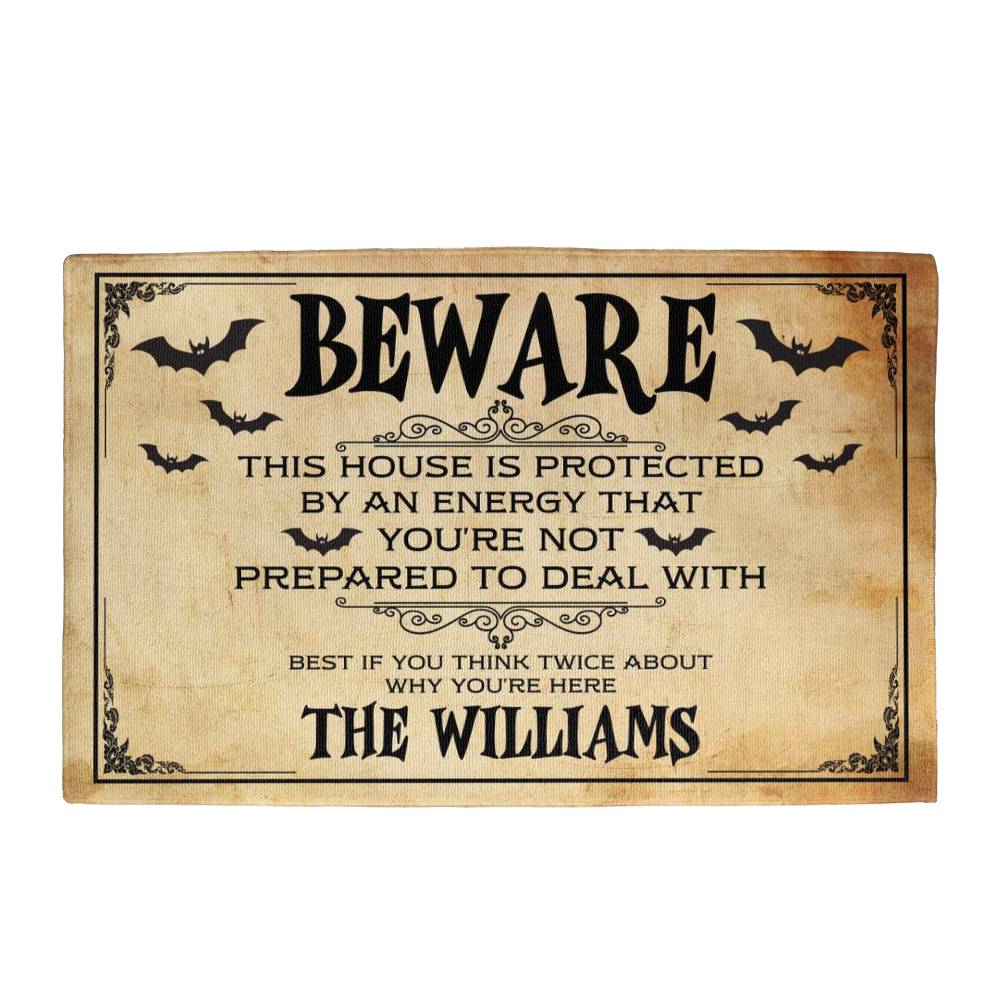 Personalized Beware Halloween Welcome Mat – Spooky Bat Design