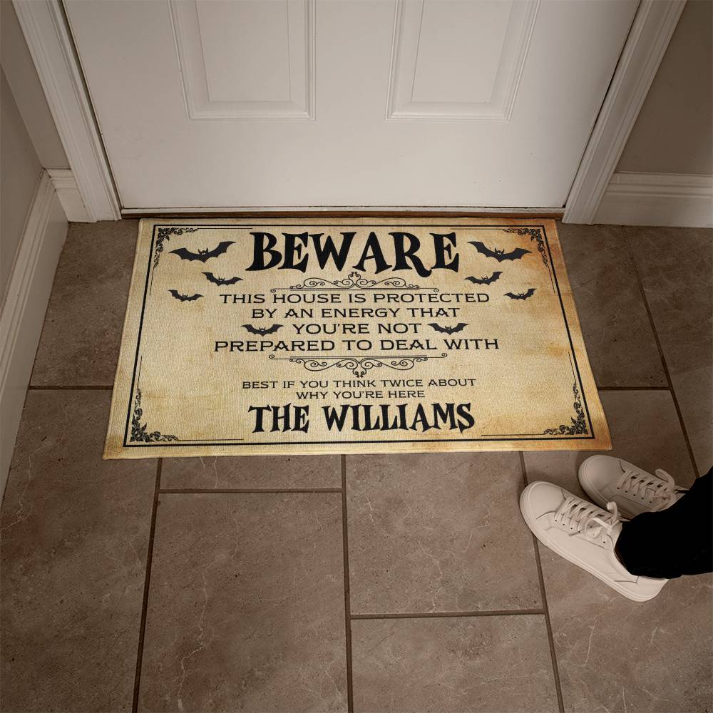 Personalized Beware Halloween Welcome Mat – Spooky Bat Design