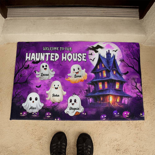 Personalized Halloween Doormat, Custom Haunted House Welcome Mat with Family Names, Ghost Design Front Porch Decor for Families