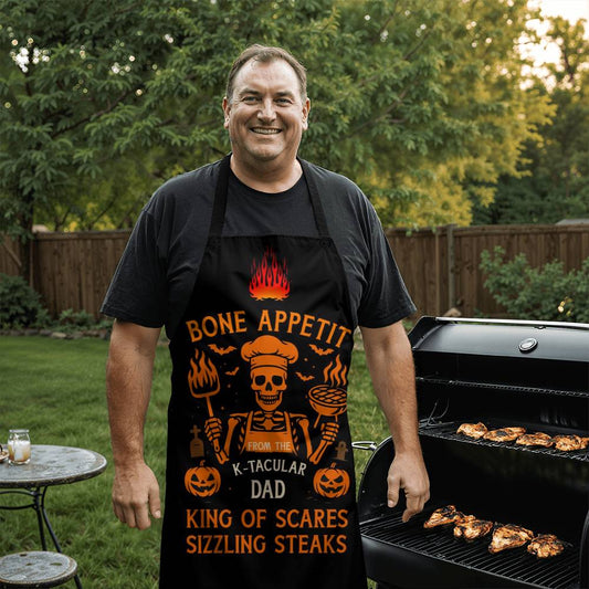 Personalized Halloween Apron, Custom Skeleton BBQ Apron, Bone Appetit King of Scares Cooking Apron, Funny Halloween Apron for Dad Men