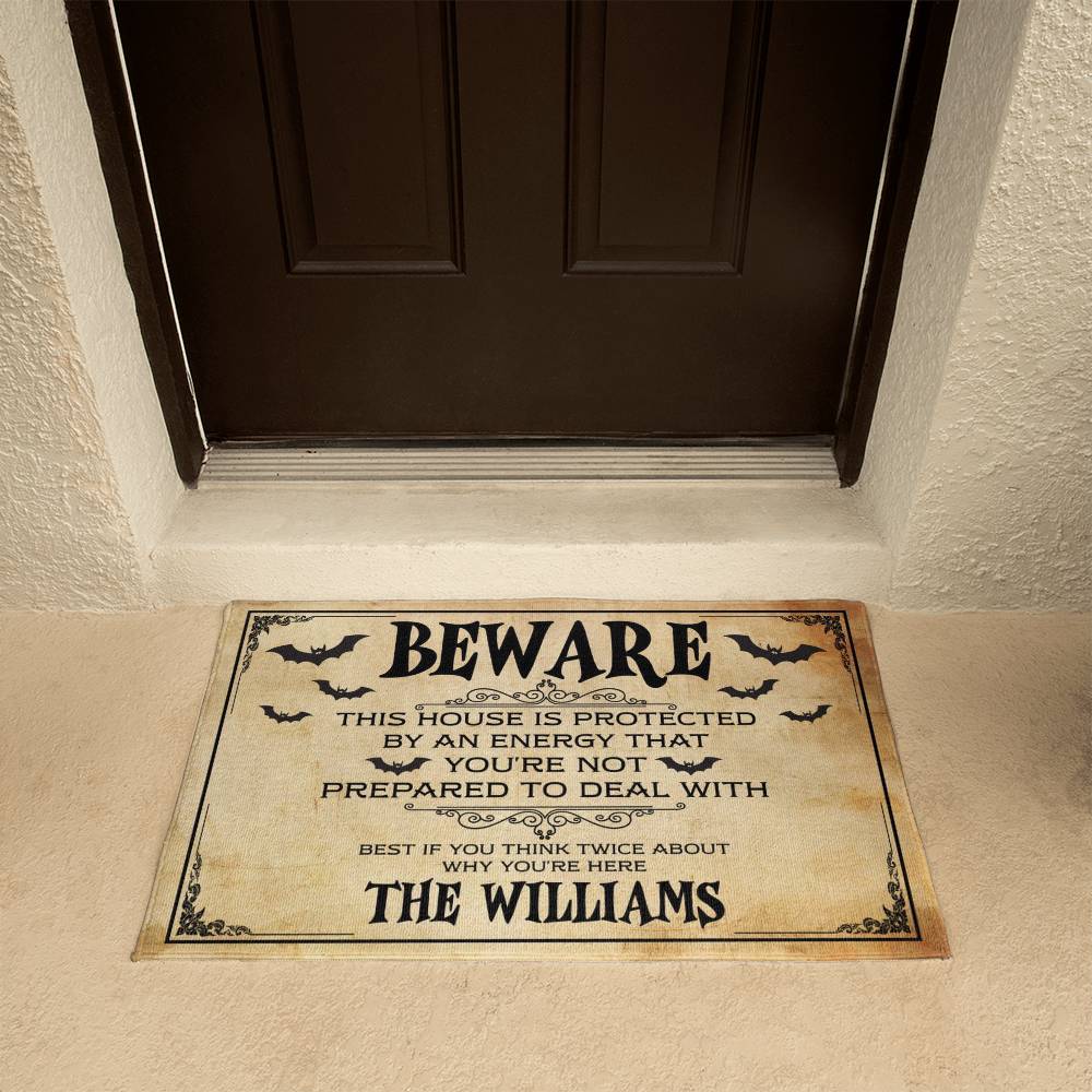 Personalized Beware Halloween Welcome Mat – Spooky Bat Design