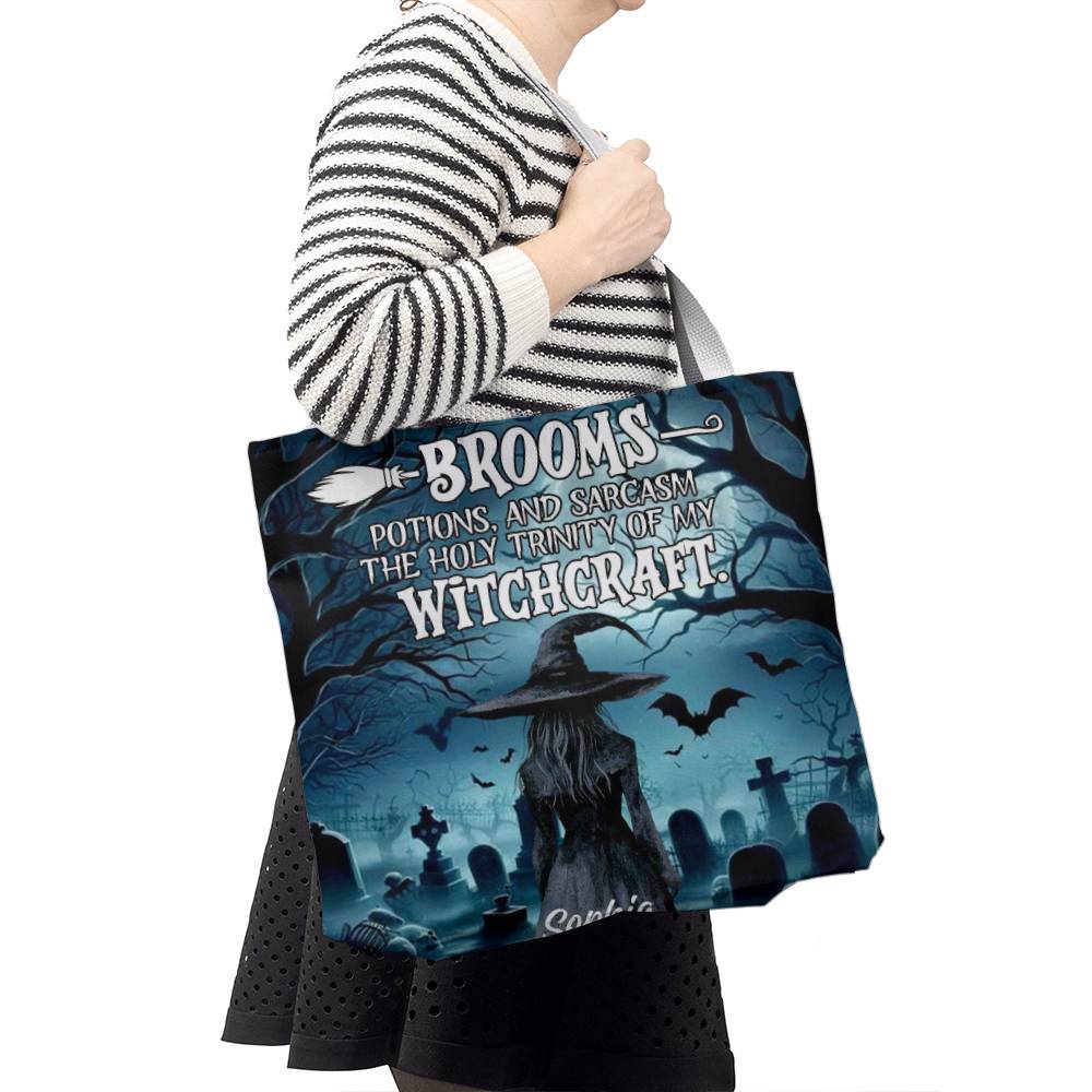 Brooms, Potions & Sarcasm: The Holy Trinity of My Witchcraft” Gothic Halloween Tote Bag !