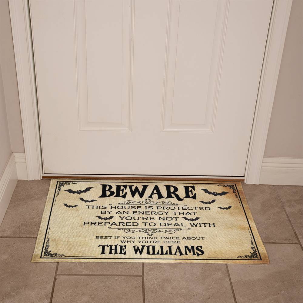 Personalized Beware Halloween Welcome Mat – Spooky Bat Design