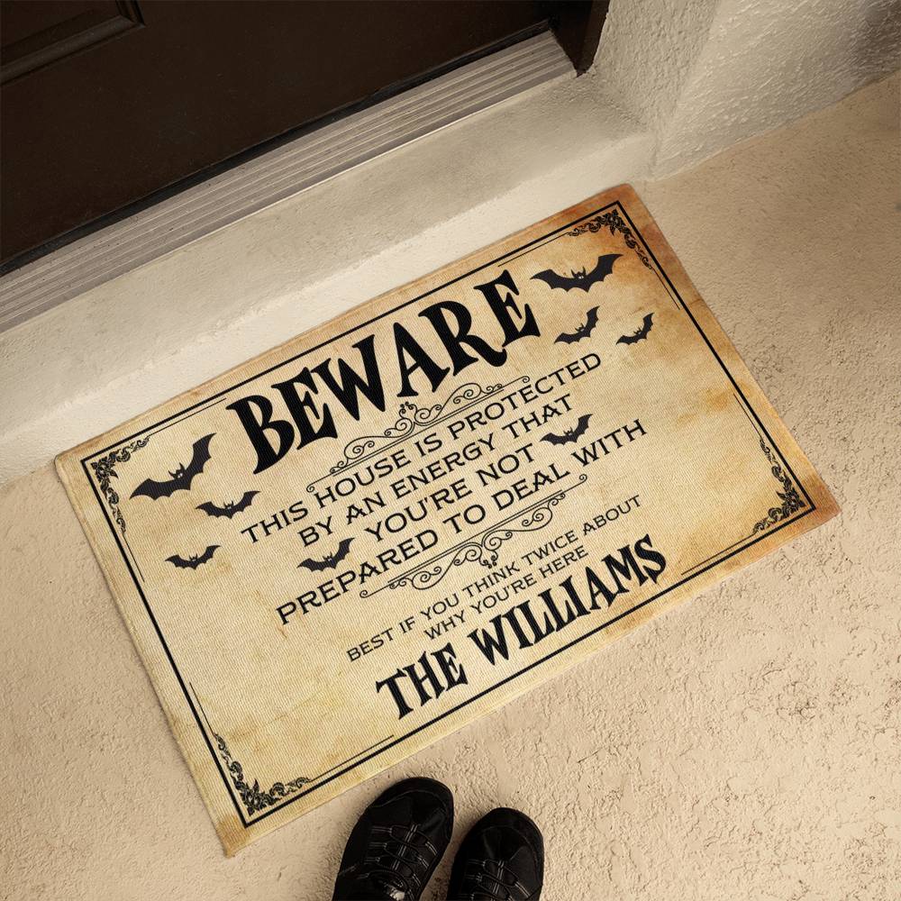 Personalized Beware Halloween Welcome Mat – Spooky Bat Design