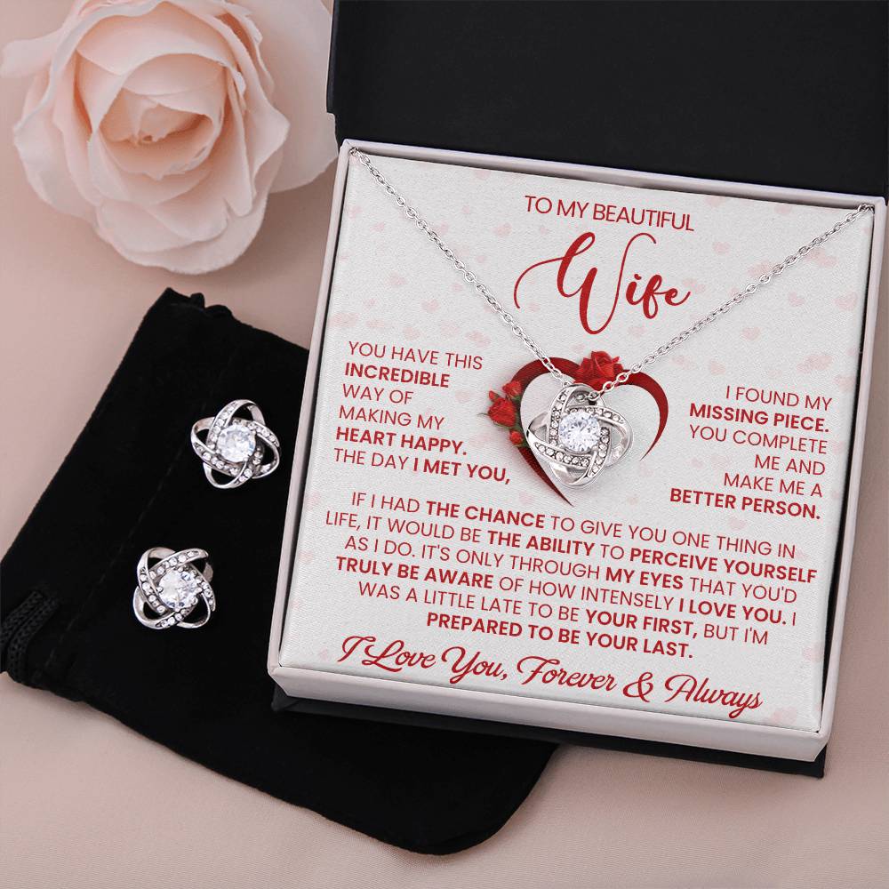 Love Knot Necklace Earring Set, To My Beautiful Wife, I Love You, Valentine's Day - YERTIZZ.COM