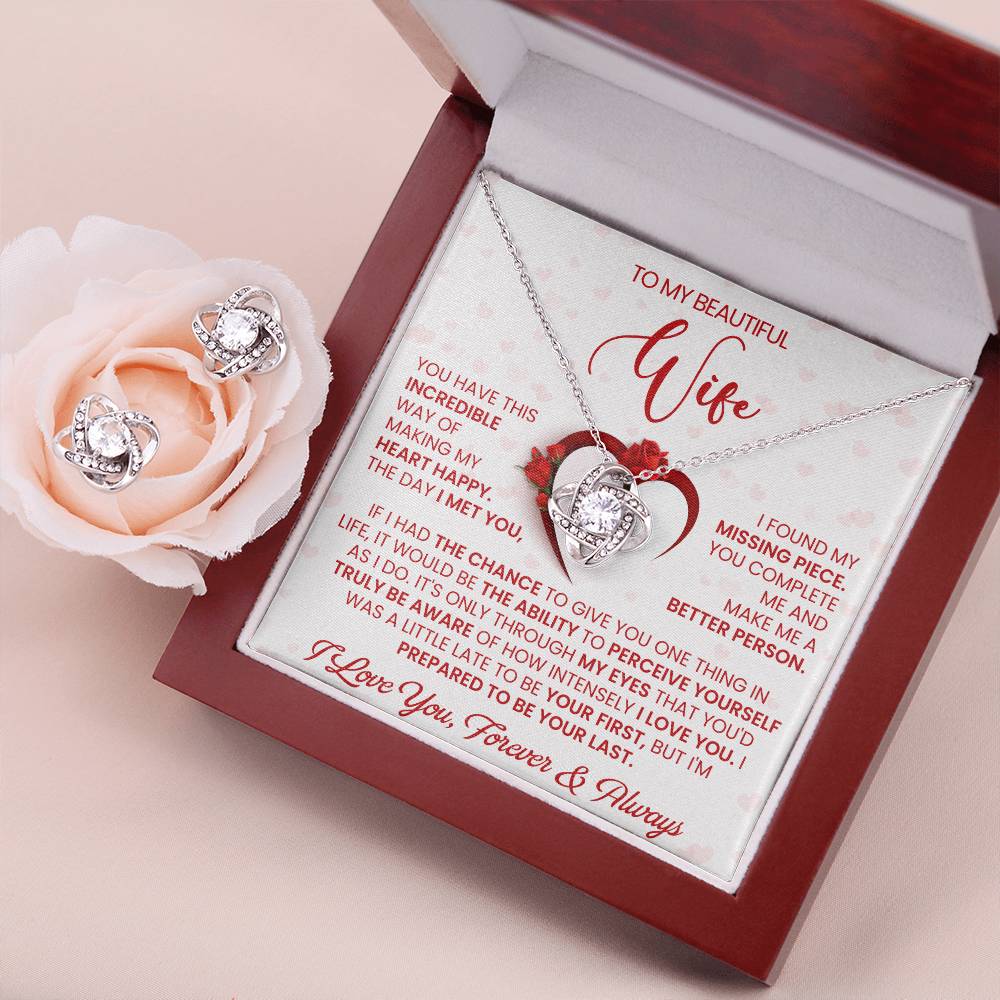 Love Knot Necklace Earring Set, To My Beautiful Wife, I Love You, Valentine's Day - YERTIZZ.COM