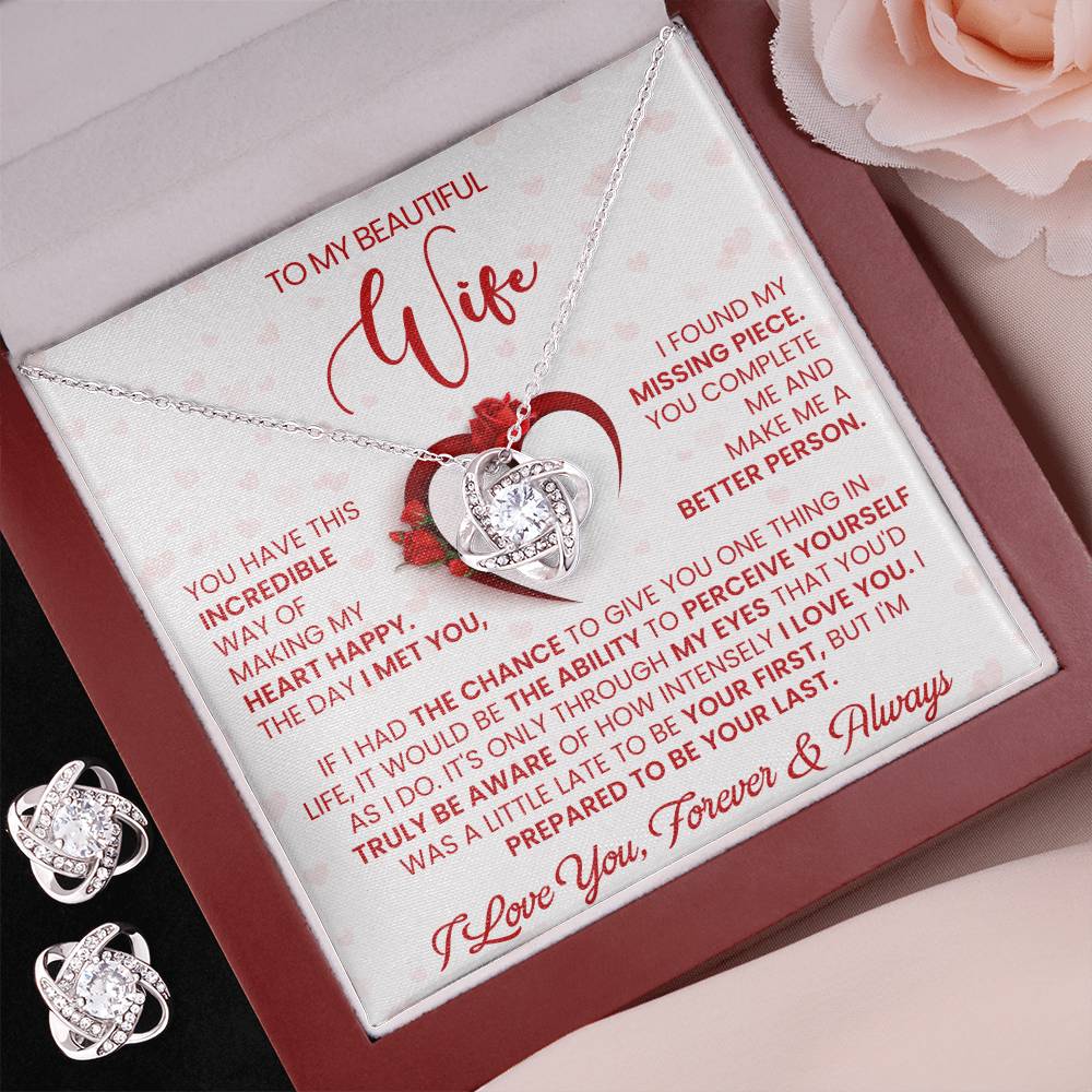 Love Knot Necklace Earring Set, To My Beautiful Wife, I Love You, Valentine's Day - YERTIZZ.COM