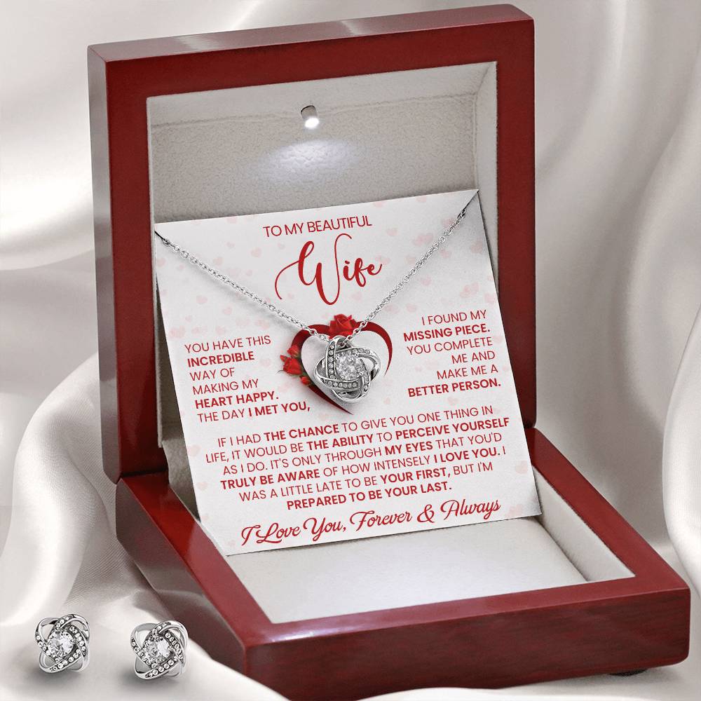Love Knot Necklace Earring Set, To My Beautiful Wife, I Love You, Valentine's Day - YERTIZZ.COM