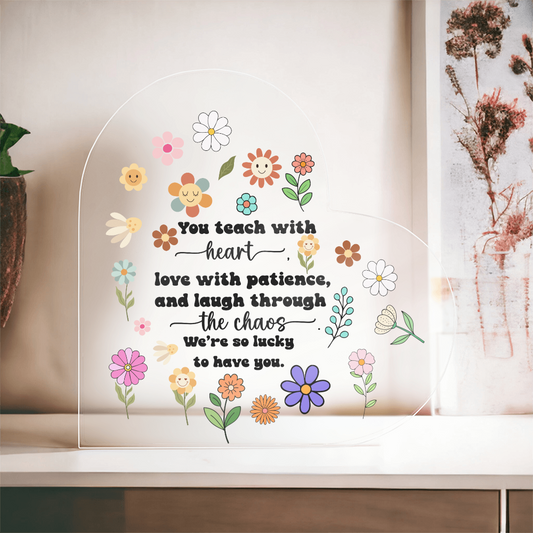 Back to School Teacher Heart Acrylic Sign – Rainbow Pencil Floral Gift