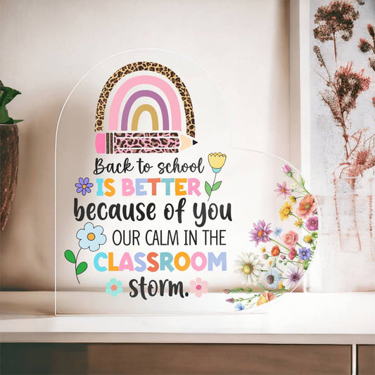Personalized Classroom Heart Plaque – Colorful Floral Acrylic Teacher Gift