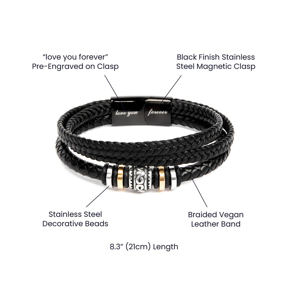 Love You Forever, Men's Leather Bracelet, Vegan, Engraved, Father, Husband, Son, Dad - YERTIZZ.COM
