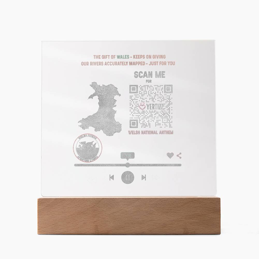Engraved Acrylic LED Plaque, Welsh River Map, QR, Welsh National Anthem - YERTIZZ.COM