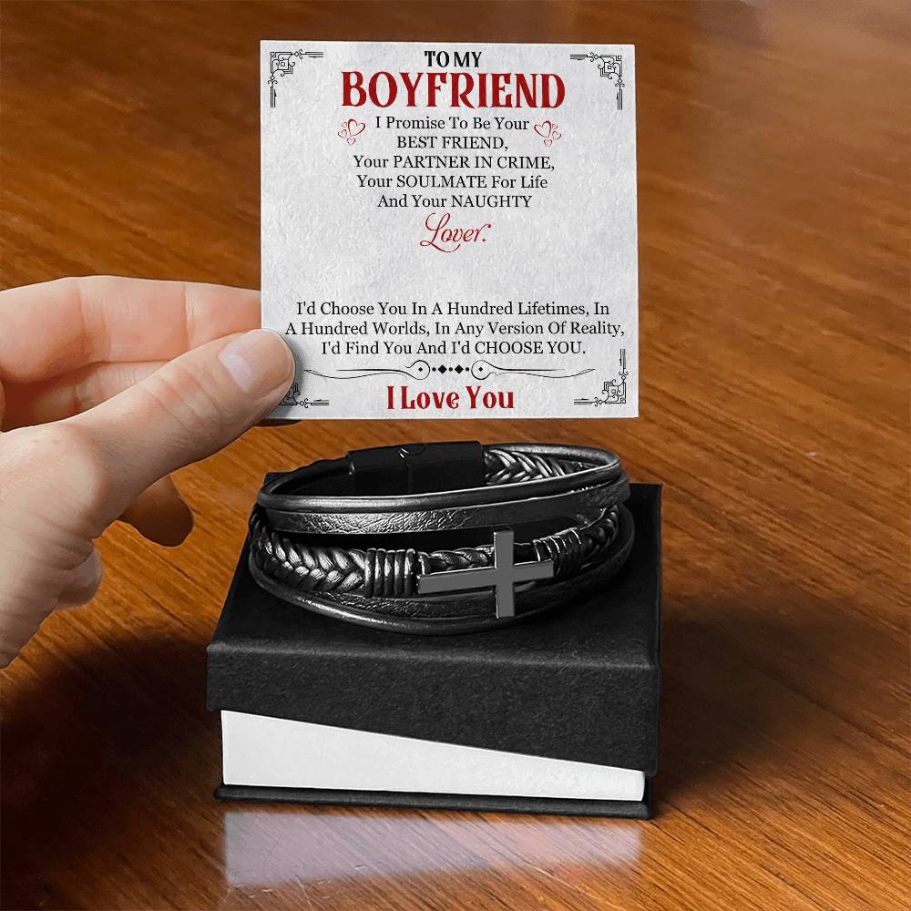 Men's Cross Leather Bracelet, To My Boyfriend, I Love You, Valentine's Day - YERTIZZ.COM