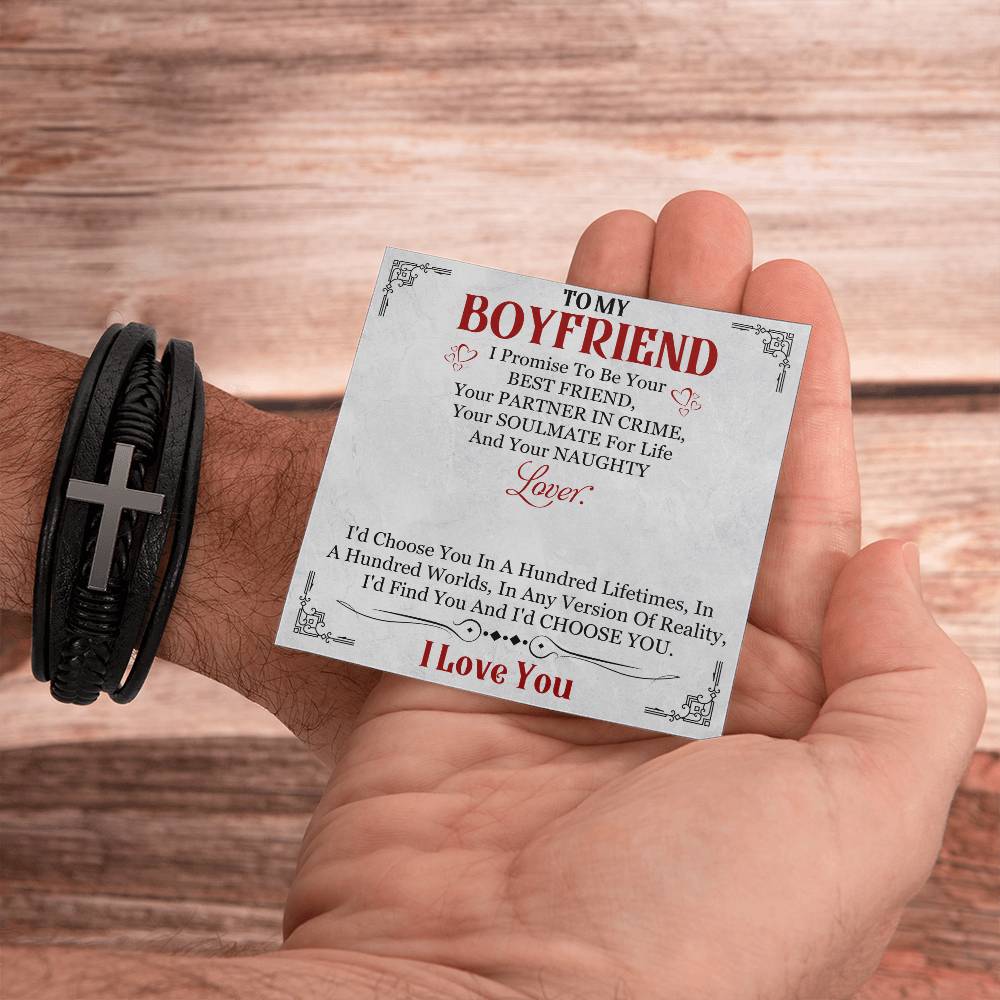Men's Cross Leather Bracelet, To My Boyfriend, I Love You, Valentine's Day - YERTIZZ.COM