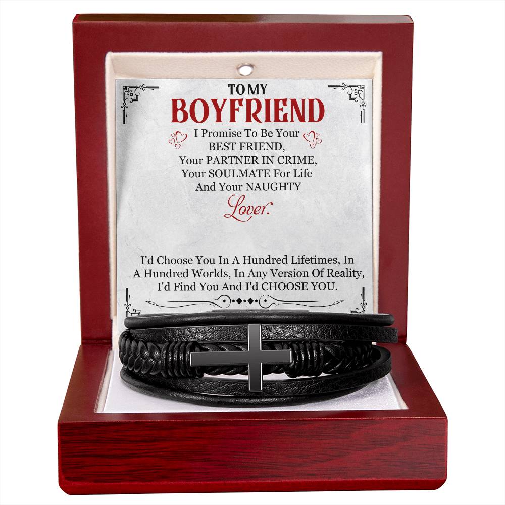 Men's Cross Leather Bracelet, To My Boyfriend, I Love You, Valentine's Day - YERTIZZ.COM