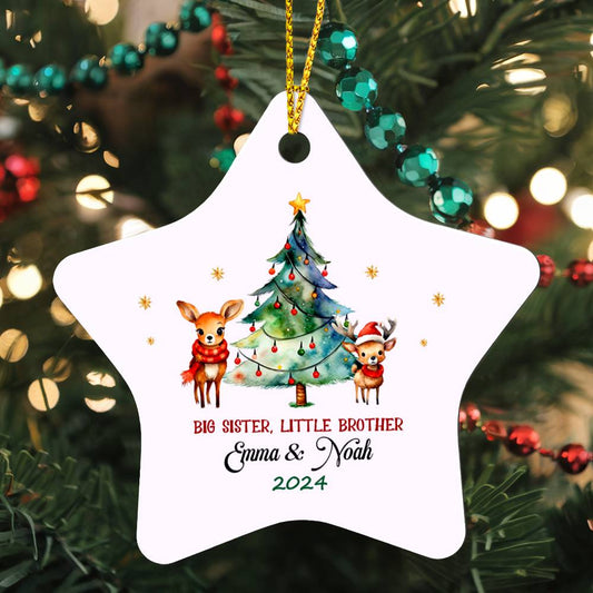 Big Sister Little Brother Christmas Ornament Sibling Announcement New Sister Gift Custom Ornament Personalized Newborn Gift for Parents - High Gloss Star Ornament