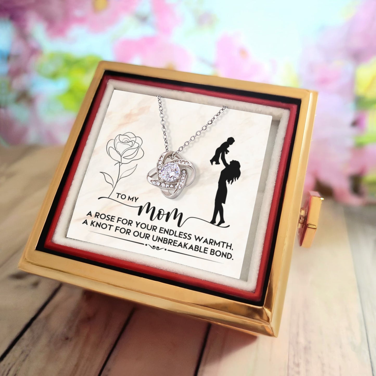 To My Mom a rose Love Knot Necklace with Rotating Rose Gift Box !