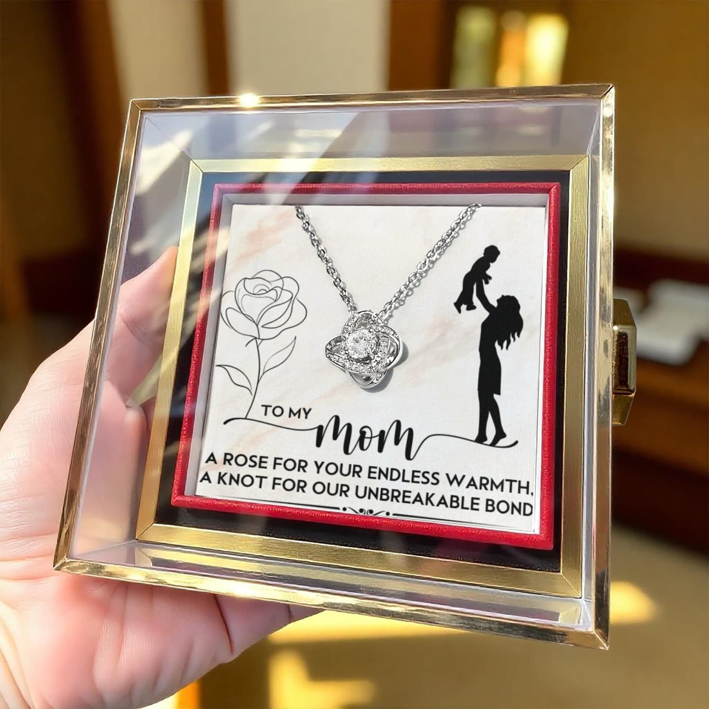 To My Mom a rose Love Knot Necklace with Rotating Rose Gift Box !