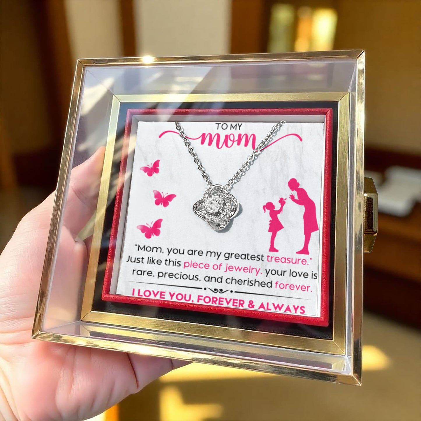 To my mom you are my greatest treasure Love Knot with Rotating Rose Gift Box !