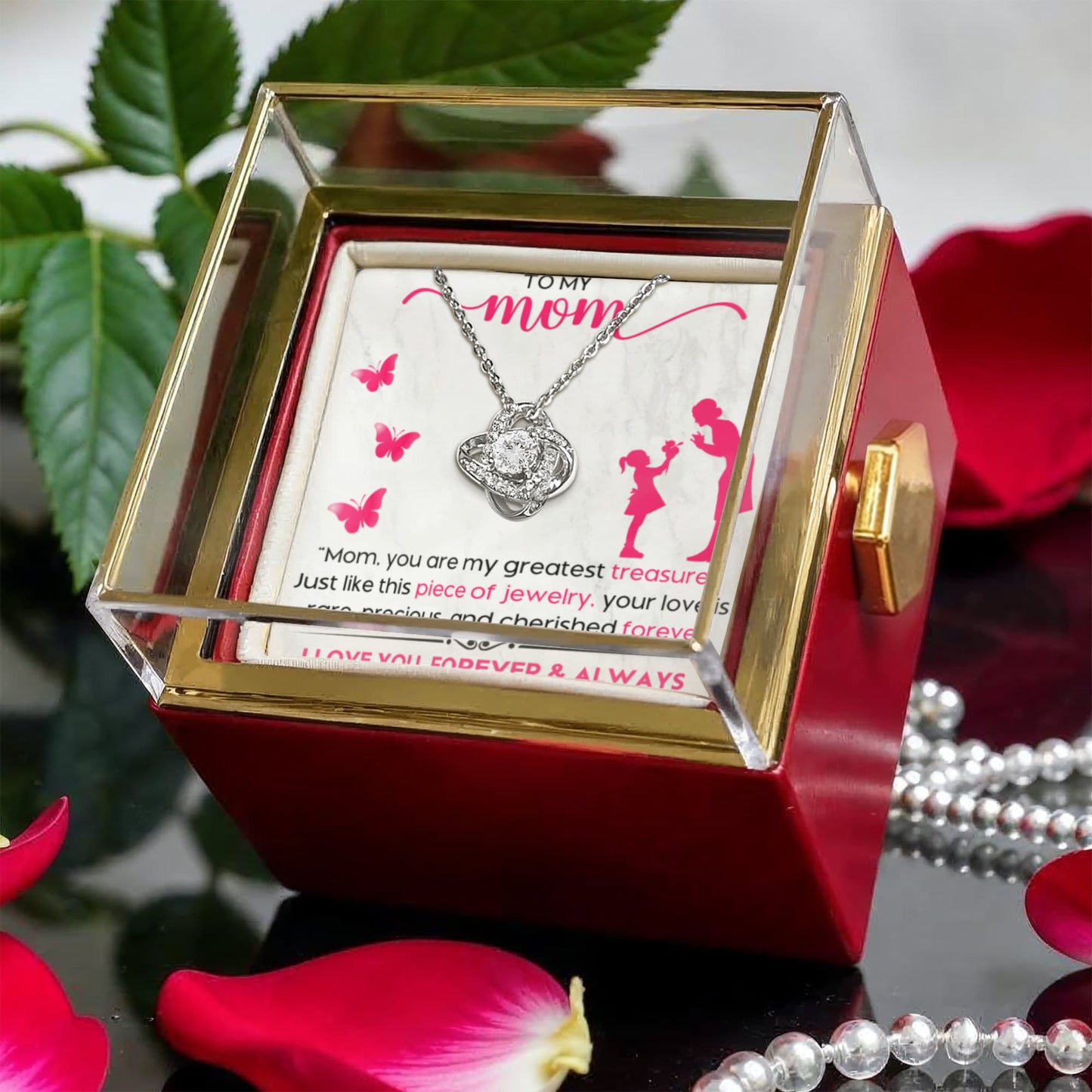 To my mom you are my greatest treasure Love Knot with Rotating Rose Gift Box !