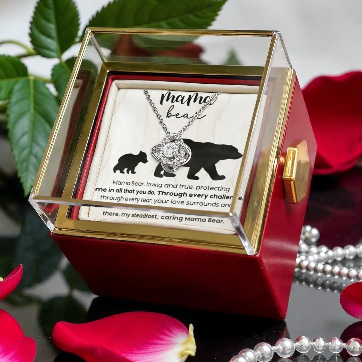 Mama bear massage card to my mom Love Knot with Rotating Rose Gift Box !