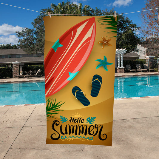 Beach Towel-Hello Summer With Surfboard and Sandals - YERTIZZ.COM