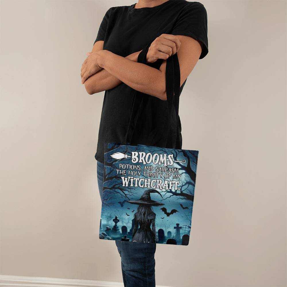 Brooms, Potions & Sarcasm: The Holy Trinity of My Witchcraft” Gothic Halloween Tote Bag !