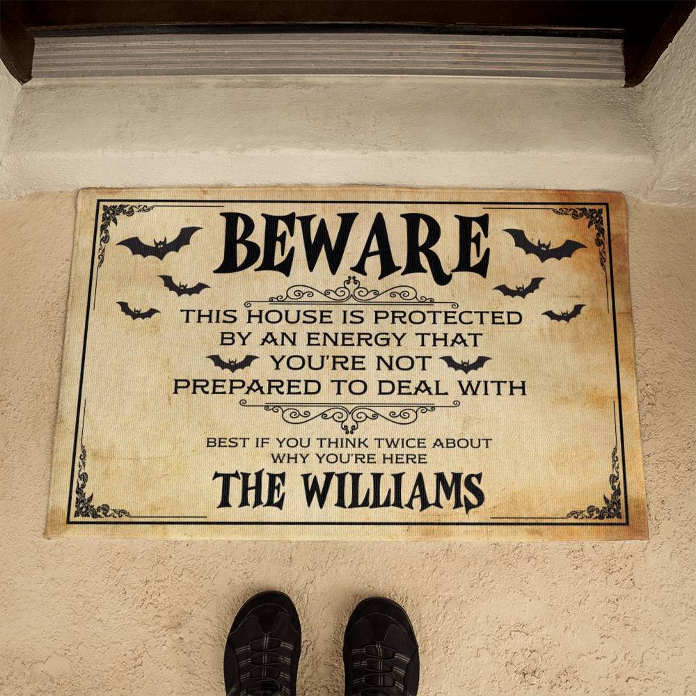 Personalized Beware Halloween Welcome Mat – Spooky Bat Design