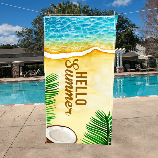 Beach Towel-Hello Summer Beach Palms and Coconut - YERTIZZ.COM