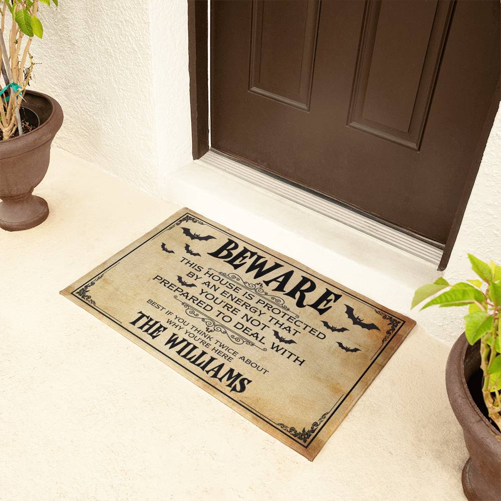 Personalized Beware Halloween Welcome Mat – Spooky Bat Design