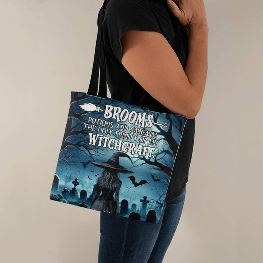 Brooms, Potions & Sarcasm: The Holy Trinity of My Witchcraft” Gothic Halloween Tote Bag !