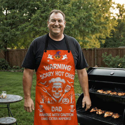Custom Halloween Apron for Dad, Personalized Skeleton BBQ Apron, Funny Cooking Apron with “Scary Hot Chef” Design for Men