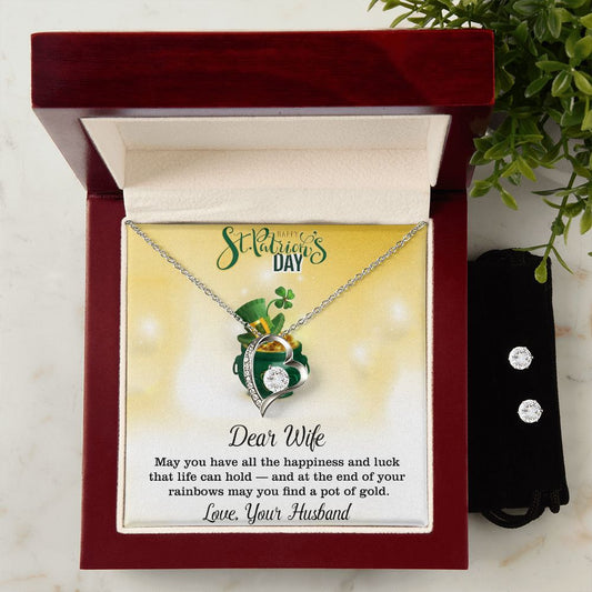 Dear Wife, Love, Your Husband, St Patricks Day, Forever Love Necklace, CZ Earrings - YERTIZZ.COM