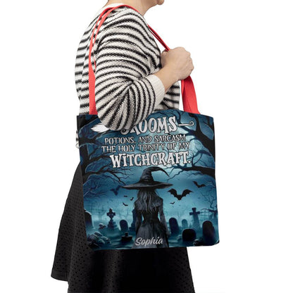Brooms, Potions & Sarcasm: The Holy Trinity of My Witchcraft” Gothic Halloween Tote Bag !