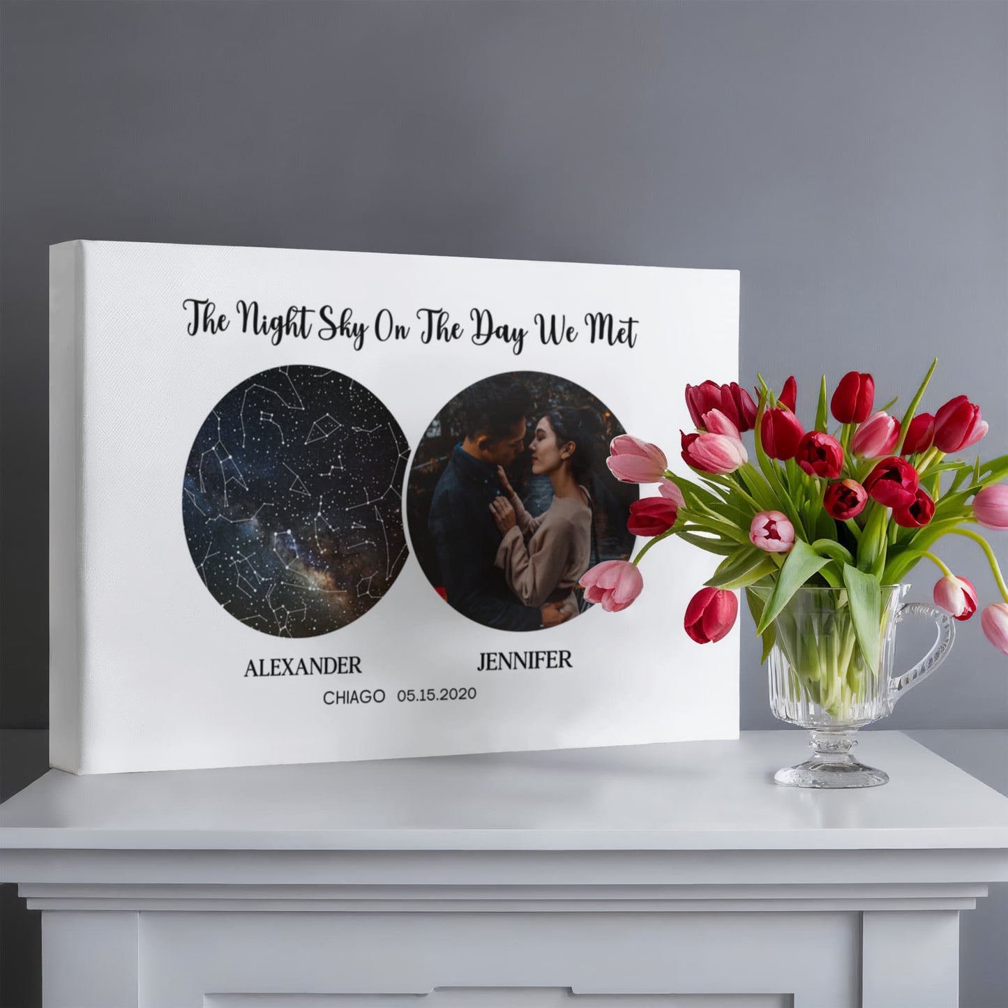 Personalized Night Sky Map Canvas – Custom Star Map with Photo, Names, Date & Location | Romantic Gift for Couples