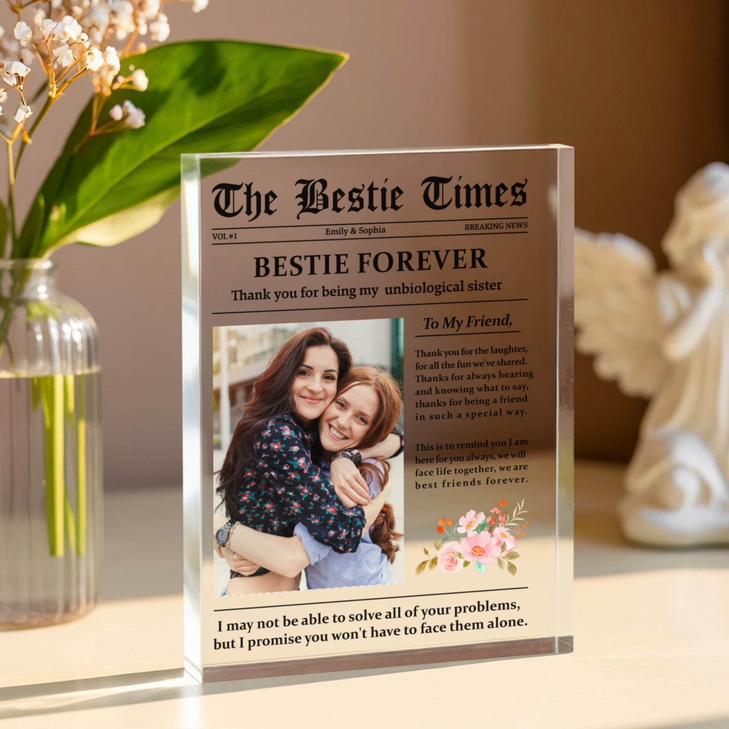 Personalized "Bestie Forever" Acrylic Block – Custom Best Friend Gift with Floral Design, Unbiological Sister Keepsake
