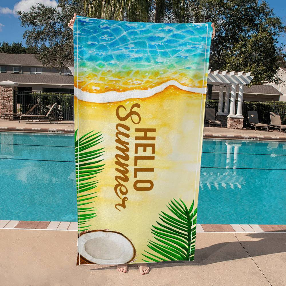 Beach Towel-Hello Summer Beach Palms and Coconut