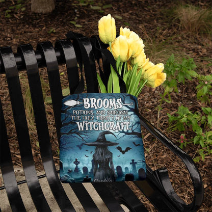 Brooms, Potions & Sarcasm: The Holy Trinity of My Witchcraft” Gothic Halloween Tote Bag !
