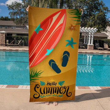 Beach Towel-Hello Summer With Surfboard and Sandals