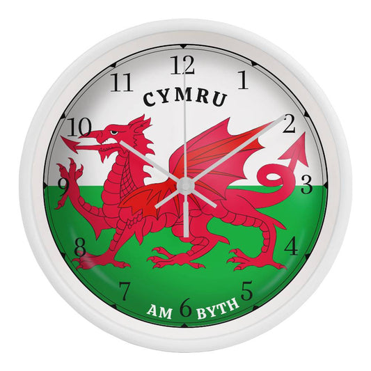 Wooden Frame 10in Clock, CYMRU AM BYTH, Welsh Dragon